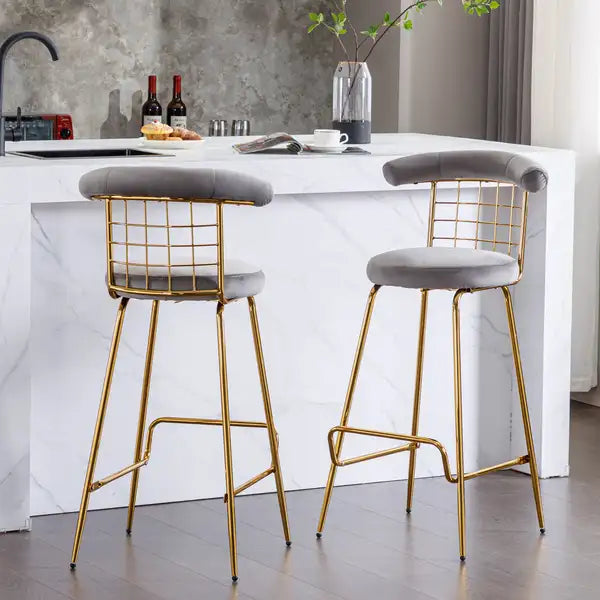 Luxury Velvet Bar Stools Set of 2, Grey - High Back, Metal Legs, Modern Kitchen Dining Chairs - Minihomy