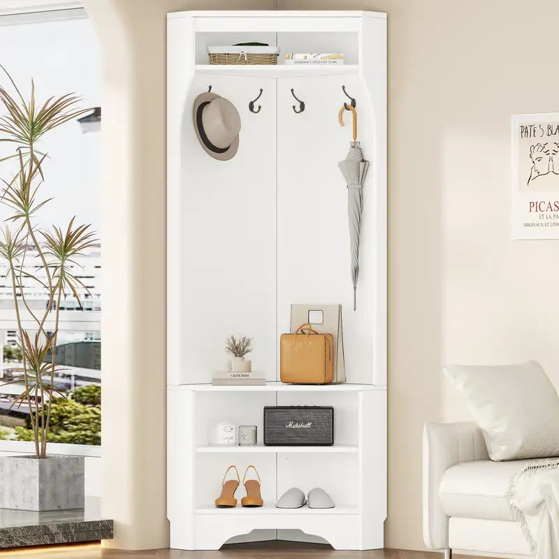 White Corner Hall Tree with Shoe Bench & 4 Hooks - Minimalist Entryway Storage