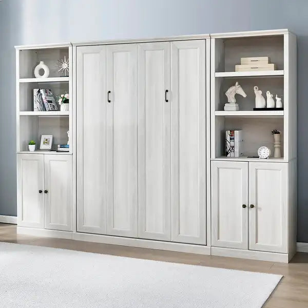 Full Size Murphy Bed with Storage - Self-Closing, Rustic White, Space-Saving for Guest Room, Home Office - Minihomy