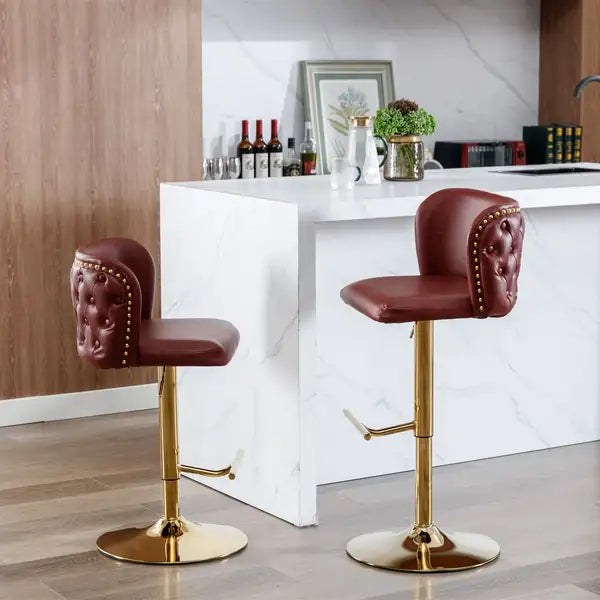 A&A Furniture Swivel Barstools | Adjustable Height, PU Leather, Tufted Back, Wine Red, Set of 2 - Minihomy