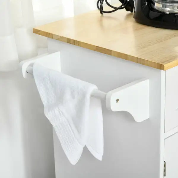 White Mobile Kitchen Island with Storage, Wood Top & Adjustable Shelves