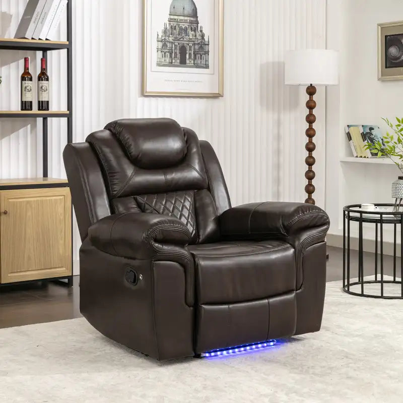 Brown Leather Home Theater Recliner with LED Lights