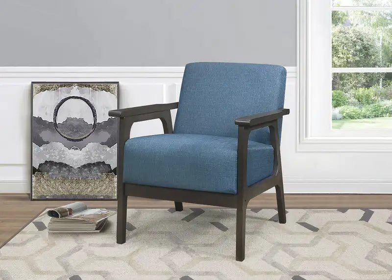 Blue Accent Chair - Upholstered Fabric, Rubberwood Legs, Antique Gray