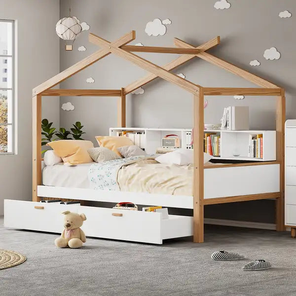 White Wooden House Bed with Storage Drawers & Bookshelf - Full Size, Kids & Guest Room