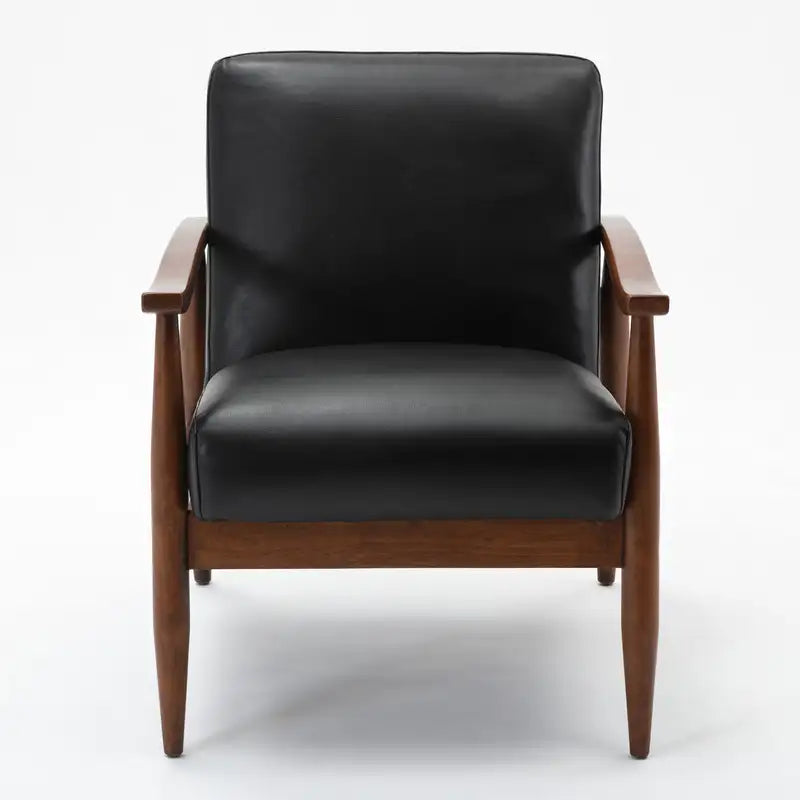 Black Leather Accent Chair with Wooden Base - Archer