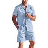 Lapel Collar Short Sleeve Shirt Set With Pockets Loose Casual Shirt And Shorts Summer