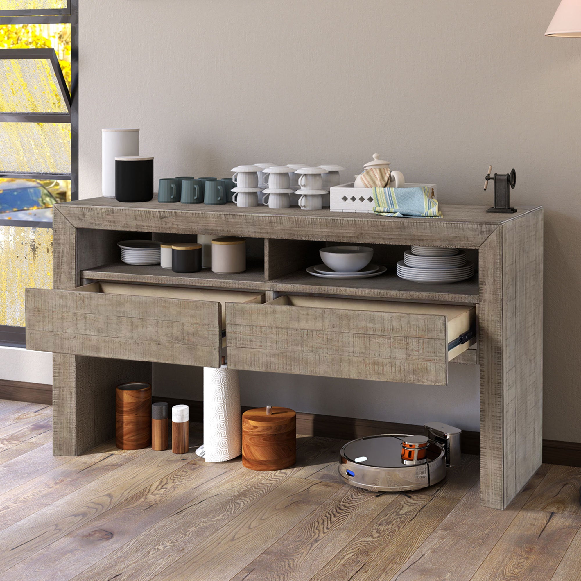 Grey Farmhouse Buffet Storage Cabinet with 2 Drawers, 62" Kitchen Sideboard Console Table