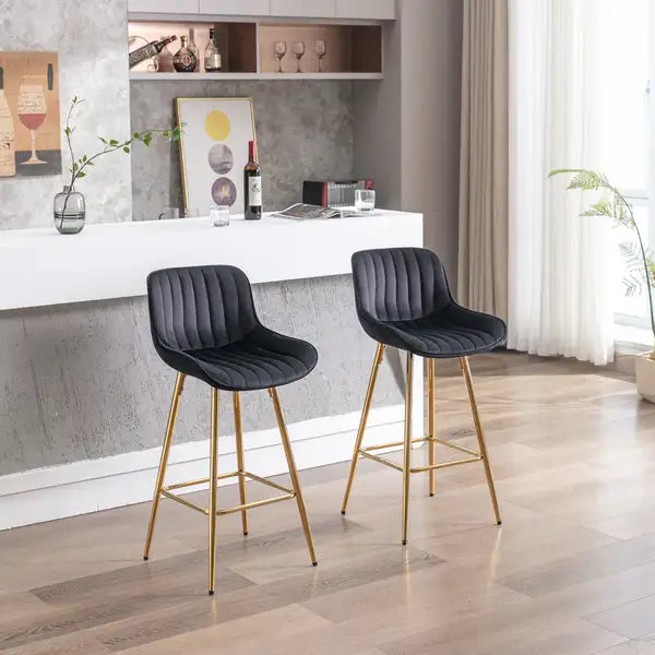 26 Inch Velvet Bar Stools (Set of 2), Chrome Footrest, Golden Legs, Black - Minihomy