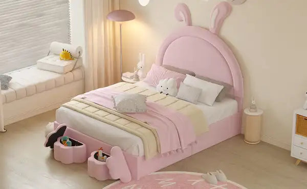 Full Size Upholstered Rabbit Bed with Storage Stools, Pink Velvet Platform Bed with Ears Headboard - Minihomy