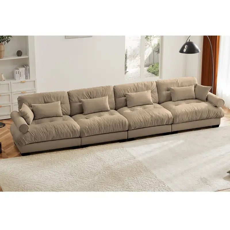 Camel Velvet Sectional Sofa - Oversized Modular Couch with Ottoman