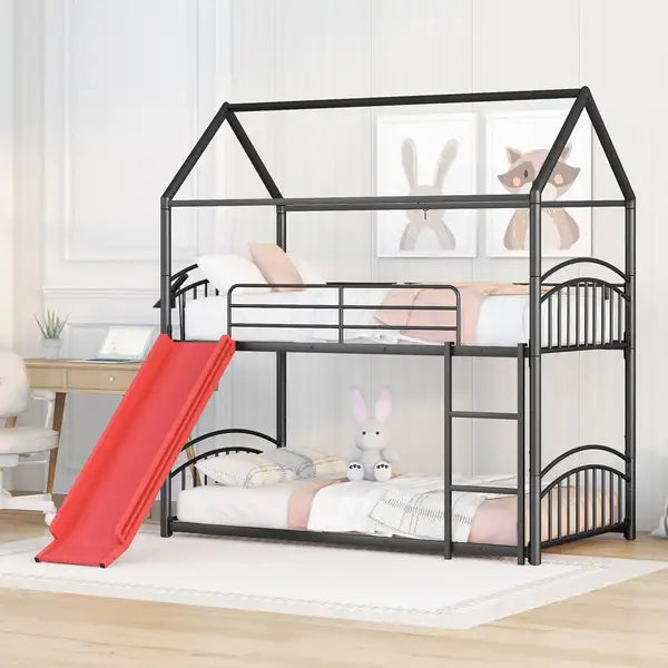 Twin Over Twin Metal Bunk Bed with Slide - Kids House Bed Black & Red