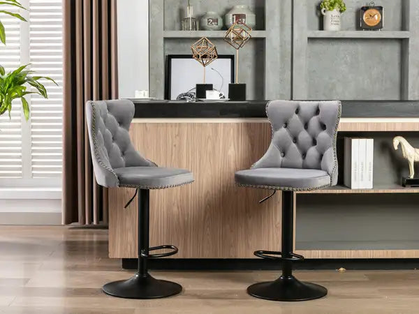 Gray Velvet Swivel Bar Stools with Backs - Adjustable Height (25-33 Inch), Set of 2 - Minihomy