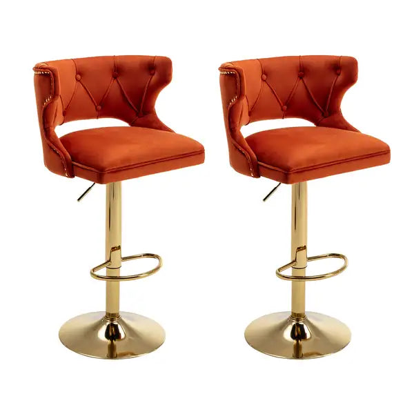 Orange Velvet Bar Stools with Back & Footrest - Set of 2 - Counter Height Dining Chairs - Minihomy