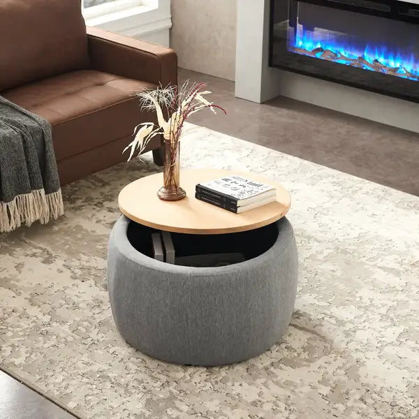 Grey Round Storage Ottoman & End Table - 25.5"