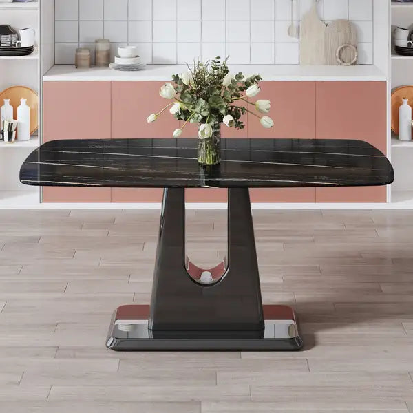 Black Marble Dining Table | Modern Minimalist U-Shaped Legs 63" x 35.4" x 30" - Minihomy