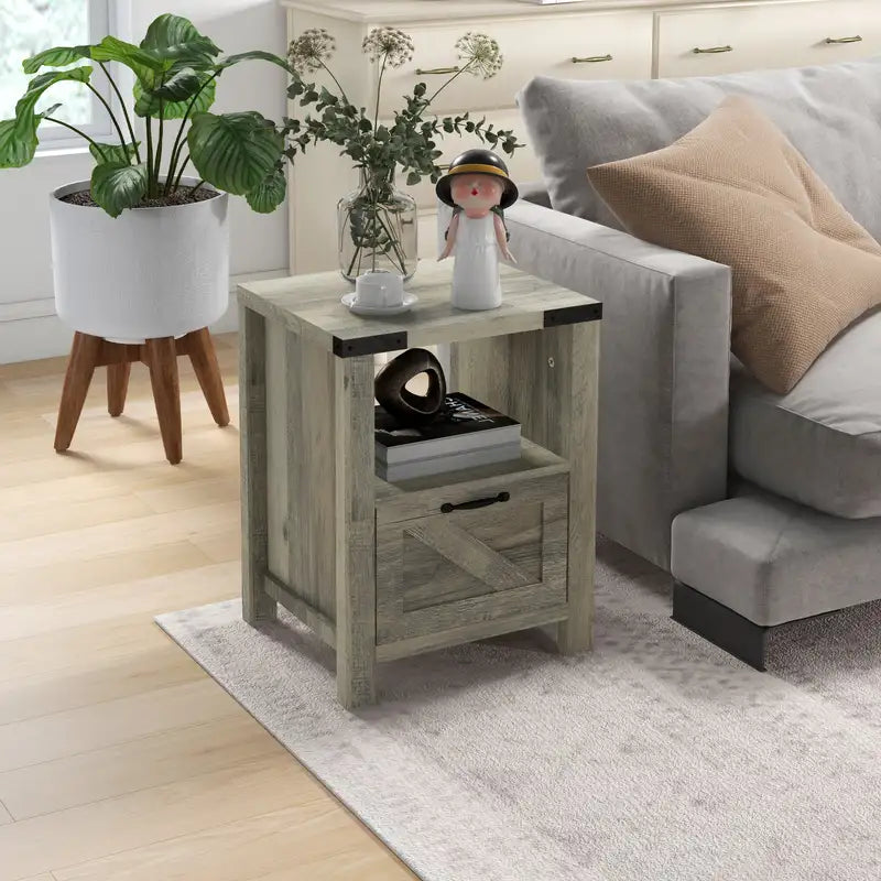 Gray Rustic Farmhouse End Table with Drawer & Shelf