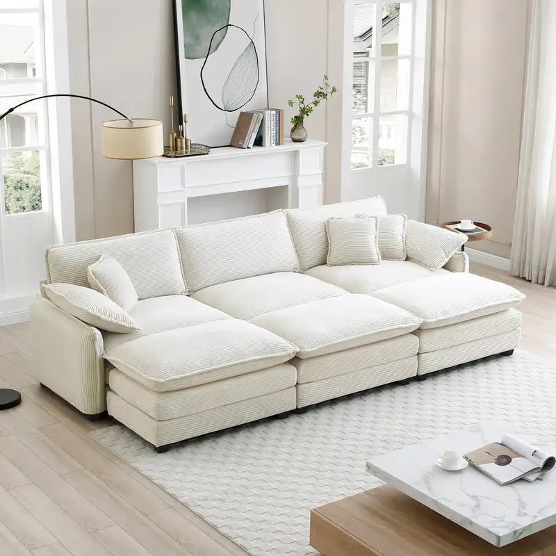 Beige Corduroy Modular Sofa Sleeper w/ 3 Ottomans