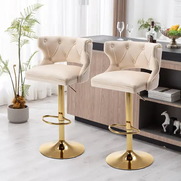 Beige Velvet Bar Stools with Back & Footrest - 2-Piece Set - Counter Height - Minihomy