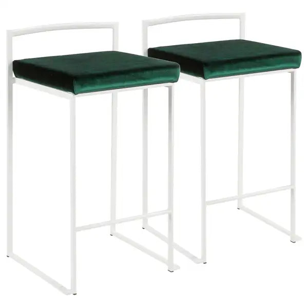 LumiSource Fuji White Counter Stools with Green Velvet Cushions (Set of 2)