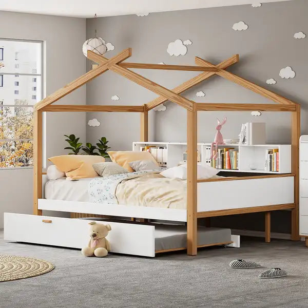 White Twin Wooden House Bed with Trundle & Bookshelf Storage for Kids & Guests