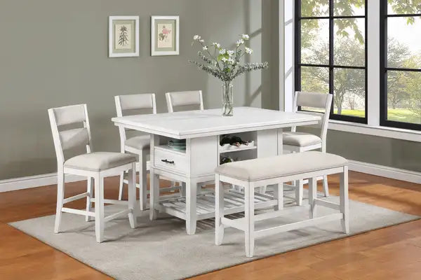 White Counter Height Dining Set, 6-Piece, Wood, Storage