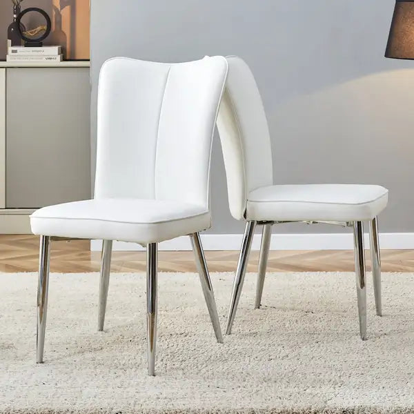 2-Piece Modern Dining Chairs Set - White PU Seat, Silver Metal Legs - Office, Restaurant, Living Room - C-008 - Minihomy