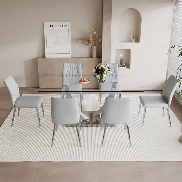 Contemporary Glass Dining Table and PU Leather Chair Set - Silver Legs