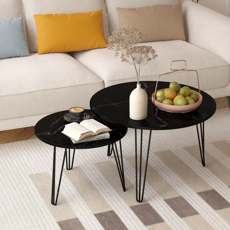 Round Nesting Coffee Table Set (2), Marble Top, Black Metal Base