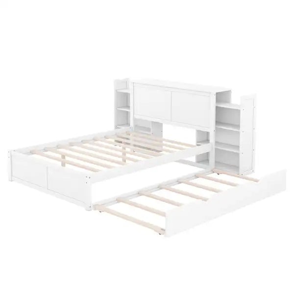 Full Size Platform Bed with Pull Out Shelves & Twin Trundle - White - Minihomy