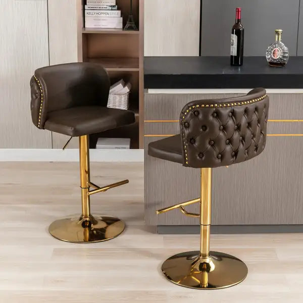 Brown Swivel Barstools Set of 2 - Adjustable Height, Tufted Back, Modern PU Upholstery for Kitchen Island & Pub - Minihomy