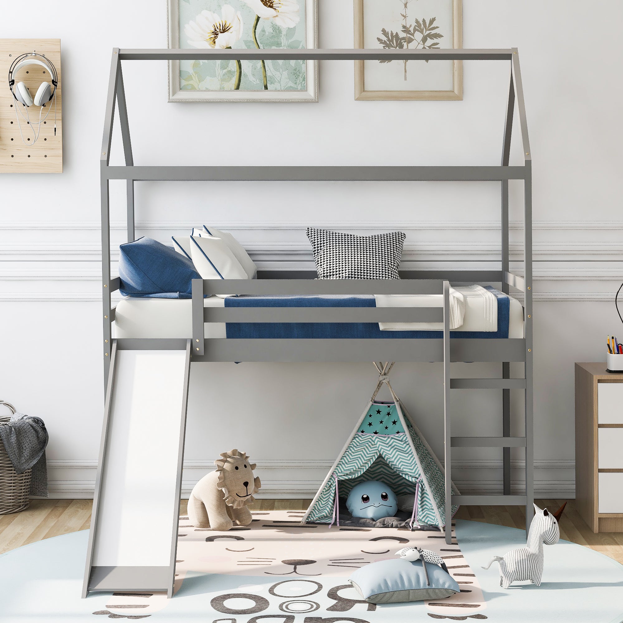 Twin Loft Bed with Slide, Kids House Bed with Slide, Gray