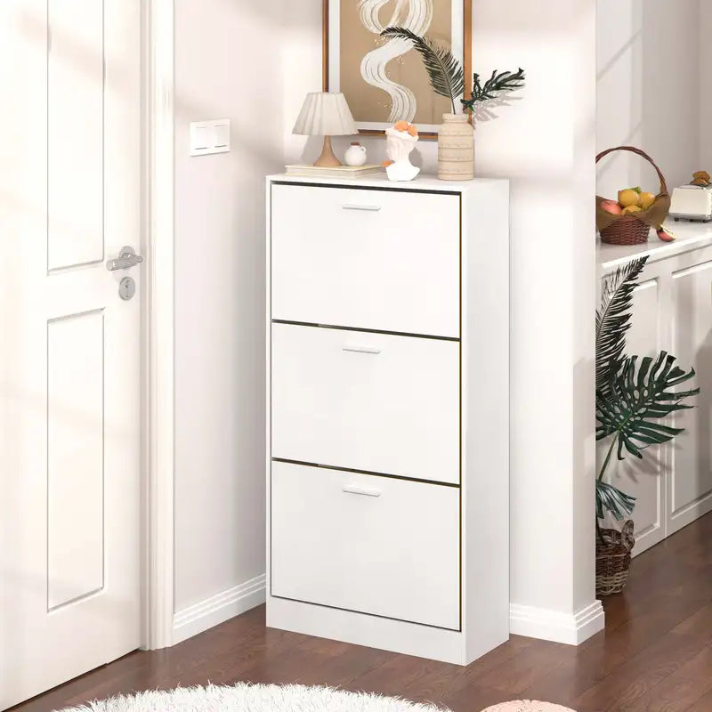 White 3-Drawer Slim Shoe Cabinet - Modern Entryway Storage