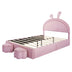 Full Size Upholstered Rabbit Bed with Storage Stools, Pink Velvet Platform Bed with Ears Headboard - Minihomy