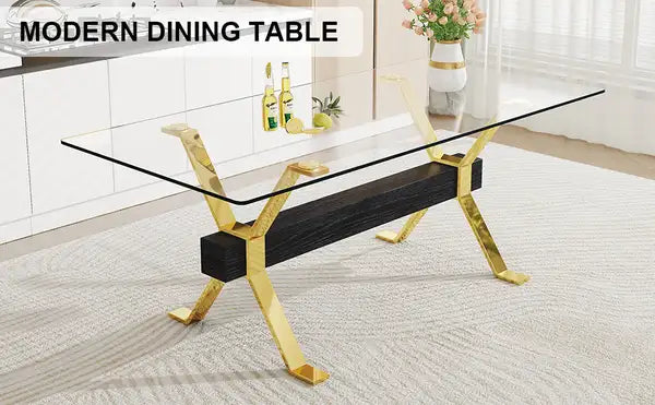 Modern Glass Dining Table with Gold Legs - 71"x35.4"x30" - Home & Office Desk 1105 - Minihomy