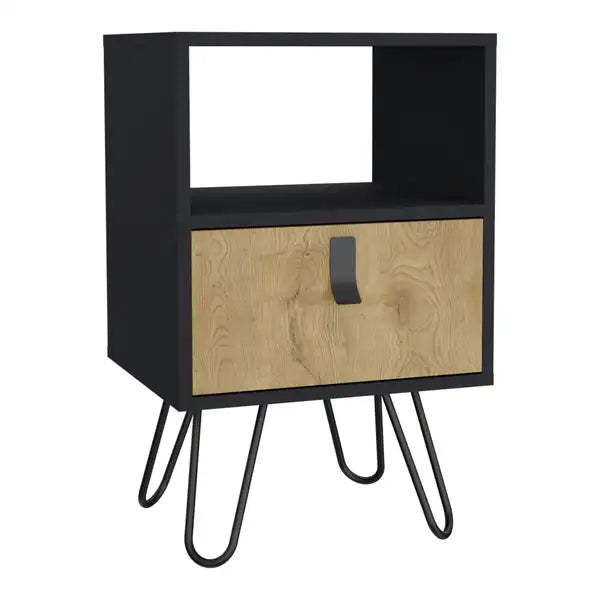 Black Nightstand with Hairpin Legs & Drawer - 24" Tall, Macadamia Accent Table - Minihomy