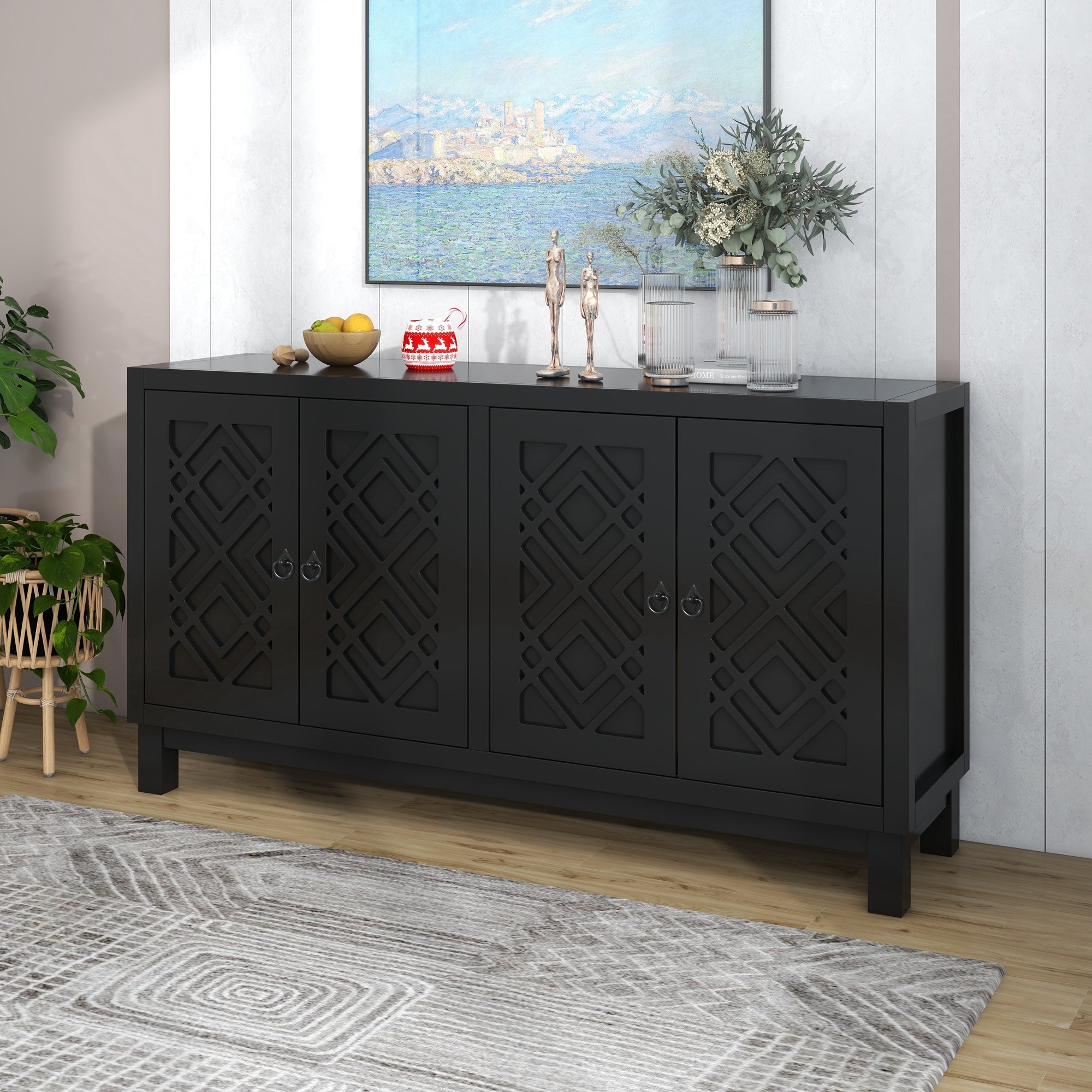 Large Storage Sideboard Buffet Cabinet with Pull Ring Handles - Black