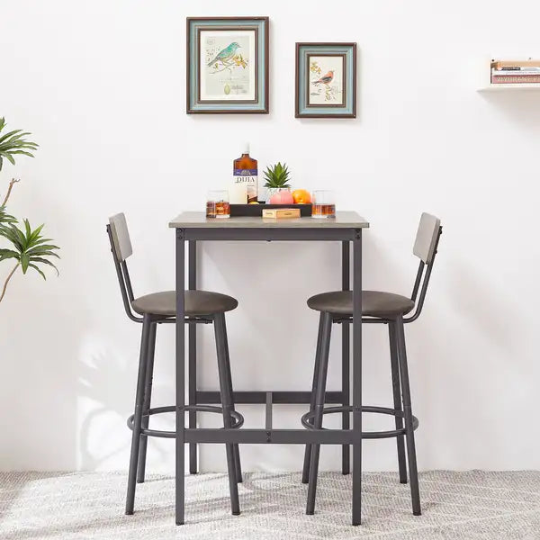 Grey Bar Table Set with 2 Stools, PU Soft Seat & Backrest, 23.62" W x 35.43" H - Minihomy