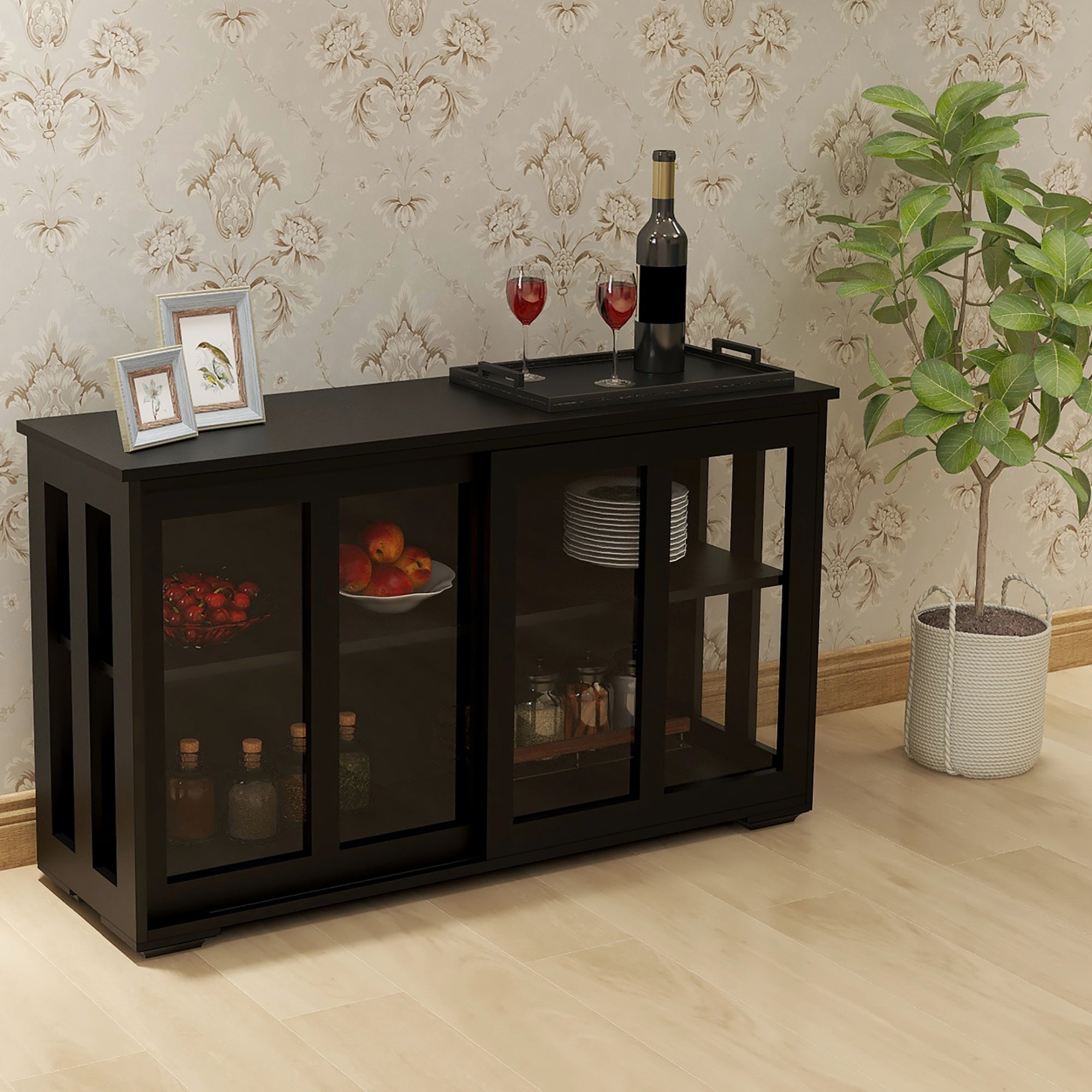 Black Kitchen Storage Stand Cupboard with Glass Door