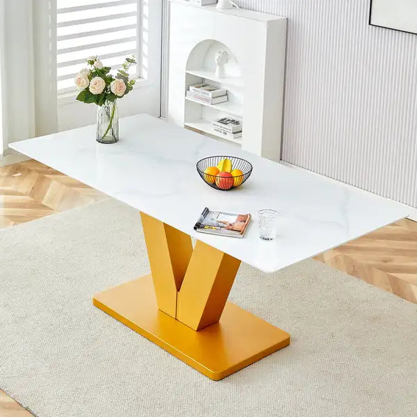 White Marble Dining Table for 4-8 | Gold Legs | Kitchen, Dining Room, Living Room & Banquet Hall