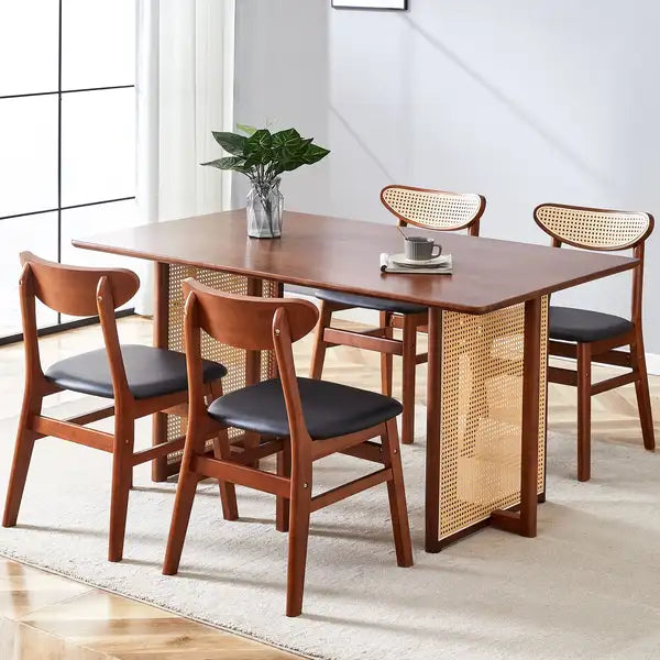 Solid Wood Dining Table & Chair Set - Ancient Style, Rattan Legs, Simple Design for Home & Office