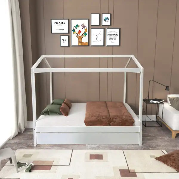 Twin House Bed with Trundle - Kids Bunk Bed with Storage