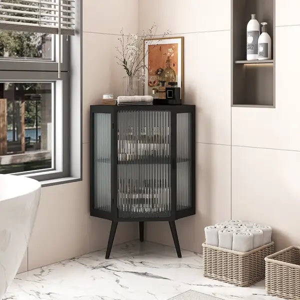 Black 22.25" Floor Corner Cabinet - Tempered Glass, Bathroom Storage