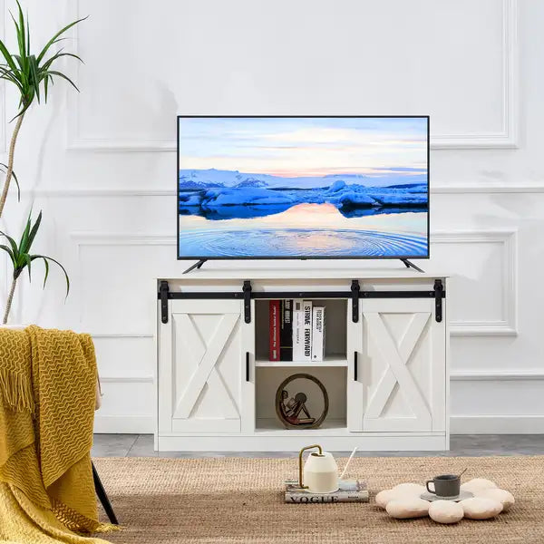 White Wooden TV Stand with Sliding Barn Doors - Bedroom, Living Room & Hallway Storage