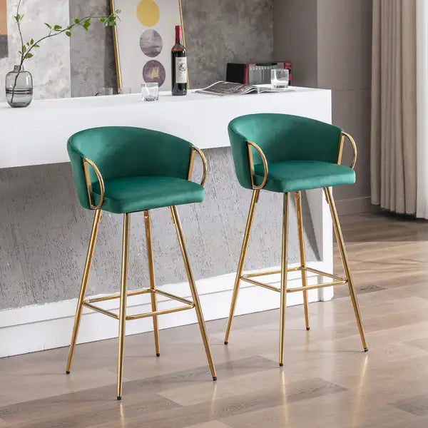 Set of 2 Green Velvet Bar Stools with Chrome Footrest & Golden Legs - 26 Inch