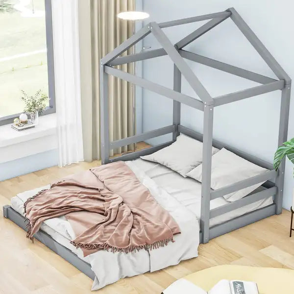 Full Size Wood House Bed with Guardrail - Grey for Kids & Adults