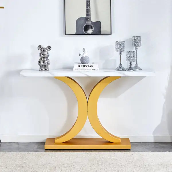 White Tabletop Foyer Table with Gold Bracket - Modern Minimalist Style