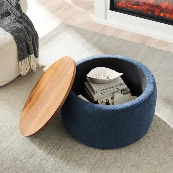 Navy Blue Round Storage Ottoman & End Table (25.5")