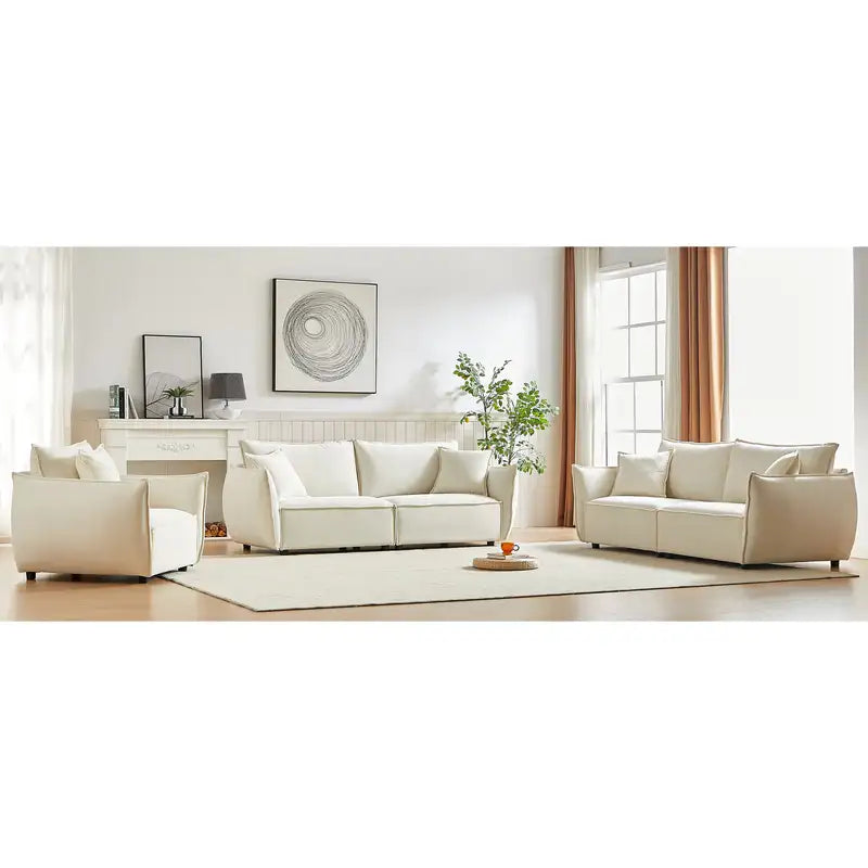 Modern Linen Sofa Set: 3+3+1 Seating, Wooden Frame, 5 Pillows