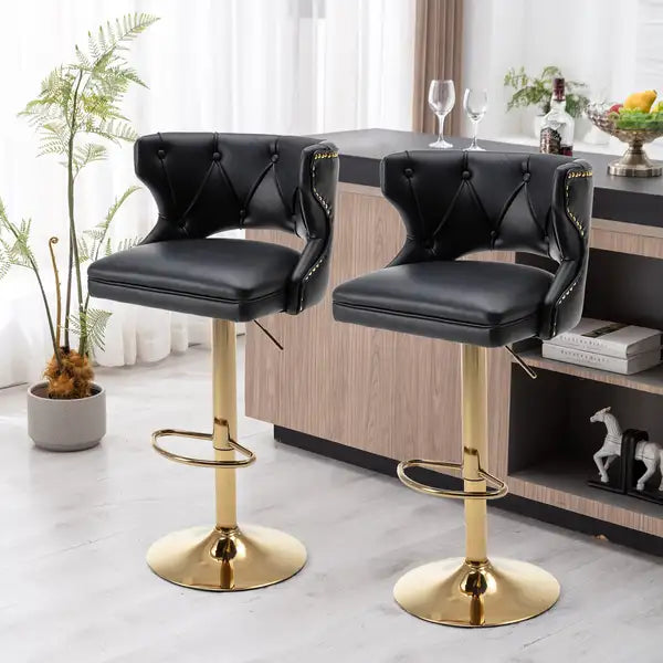 Black Leather Bar Stools with Back & Footrest - Counter Height Dining Chairs (Set of 2) - Minihomy