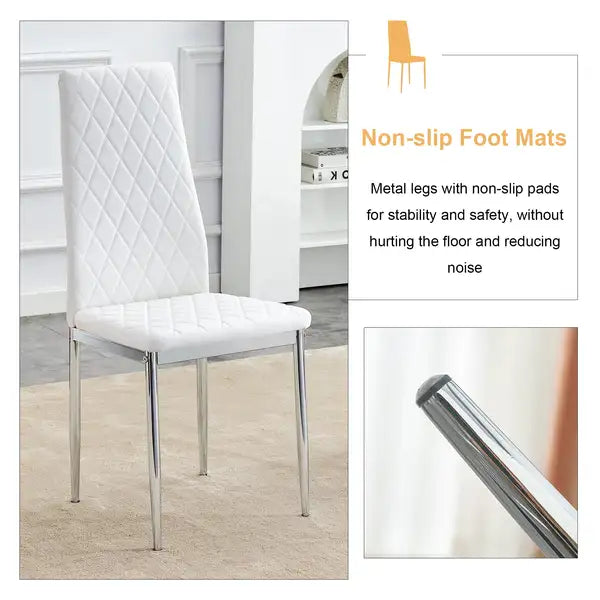 Modern Dining Chairs Set of 4 | White Upholstery, Silver Metal Legs, High Backrest - Restaurant, Living Room, Kitchen, Office - Minihomy